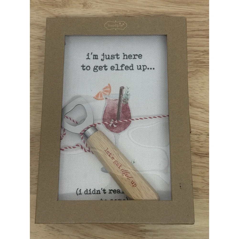 NWT Mud Pie Christmas Kitchen Towel & Bottle Opener 2 Piece Set Elfed Up #33 - Picture 2 of 5